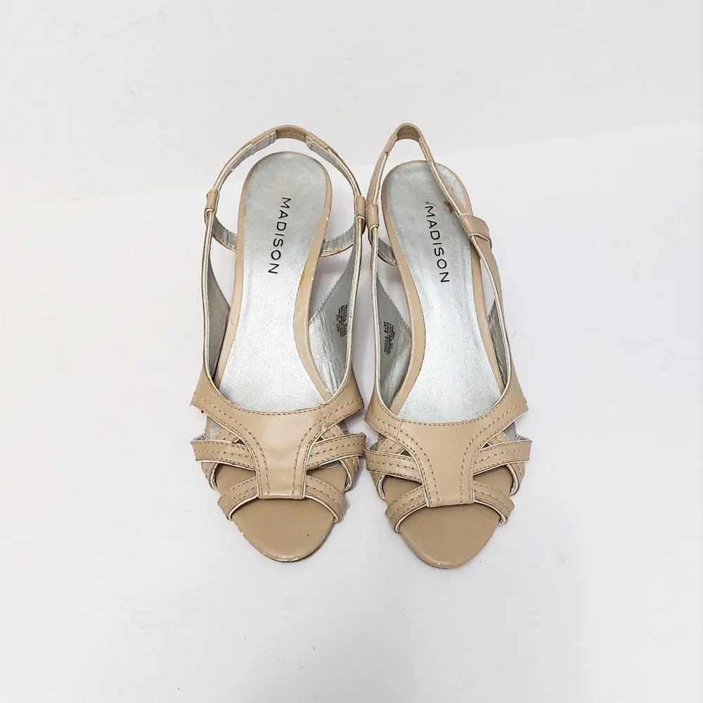 Womens Tan Leather Sling Back Open Toe Heel Sandals Size 8.5 Madison - Picture 1 of 3